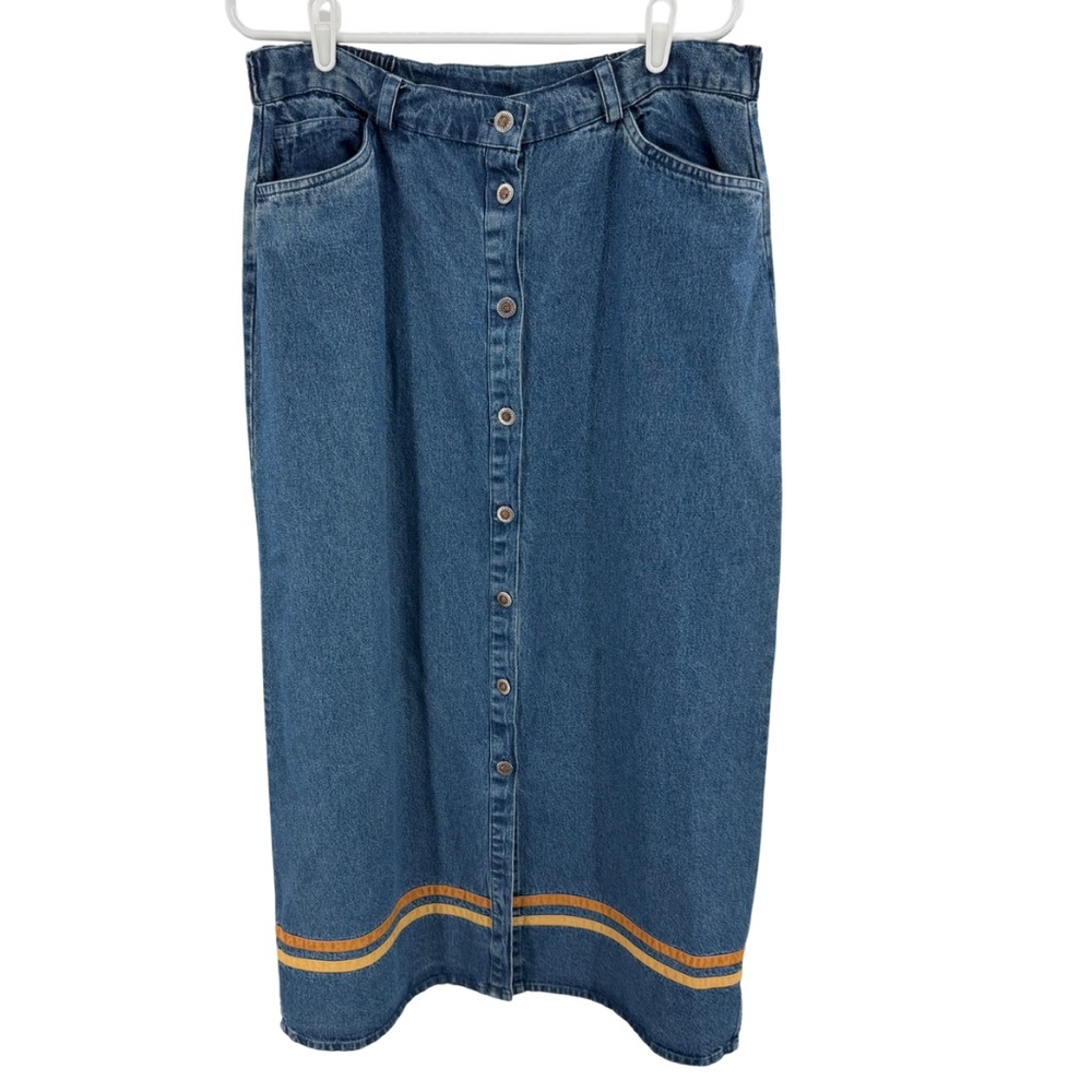 Sun River Women's Blue denim button front velvet trim Maxi Skirt L boho cotton